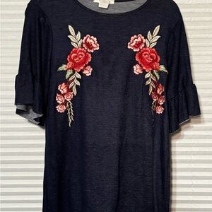 Blue Embellished Blouse with Red Floral Embroidery